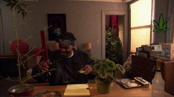 Movie still from “How High” (2001), directed by Jesse Dylan – A man sitting at a dining room table with a plant; Medium shot, High angle