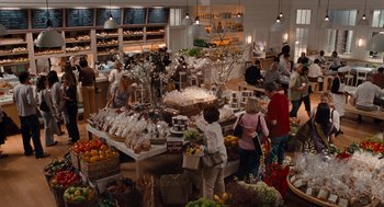 Movie still from “It's Complicated” (2009), directed by Nancy Meyers – A group of people standing around a store filled with food; Wide shot, High angle