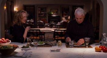 Movie still from “It's Complicated” (2009), directed by Nancy Meyers – A man and a woman sitting at a dinner table; Medium shot, Over the shoulder angle