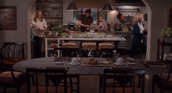 Movie still from “It's Complicated” (2009), directed by Nancy Meyers – A group of people standing in a kitchen preparing food; Wide shot, High angle