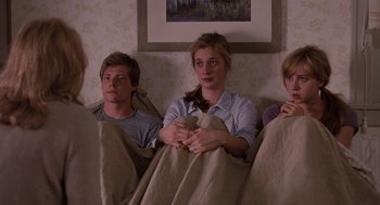 Movie still from “It's Complicated” (2009), directed by Nancy Meyers – A group of people sitting on a couch under blankets; Medium shot, Over the shoulder angle