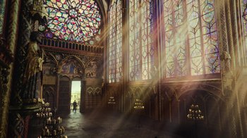 Movie still from “Knightfall” (2017), created by Richard Rayner – A large room with stained glass windows and a person standing in front of it; Extreme Wide shot, High angle