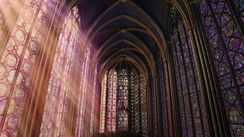 Movie still from “Knightfall” (2017), created by Richard Rayner – A large cathedral with stained glass windows and sunlight coming through the windows; Extreme Wide shot, Low angle
