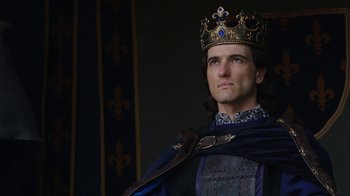 Movie still from “Knightfall” (2017), created by Richard Rayner – A person wearing a crown; Close Up shot, Low angle