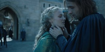 Movie still from “Knightfall” (2017), created by Richard Rayner – A man and a woman standing next to each other; Close Up shot, Over the shoulder angle