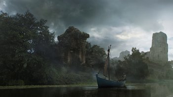 Movie still from “Game of Thrones” (2011), created by D.B. Weiss – A boat in the water near the shore; Extreme Wide shot, Low angle