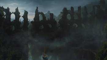 Movie still from “Game of Thrones” (2011), created by D.B. Weiss – A boat floating on a body of water next to a castle; Extreme Wide shot, High angle