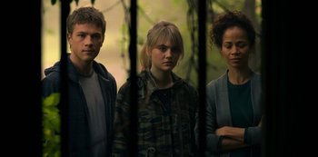 Movie still from “Locke & Key” (2020), created by Carlton Cuse – A group of young people standing next to each other; Medium shot, Over the shoulder angle