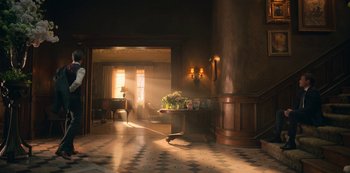 Movie still from “Locke & Key” (2020), created by Carlton Cuse – A living room with sunlight coming through the window; Extreme Wide shot, Low angle