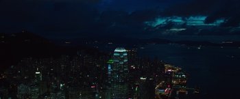 Movie still from “Blackhat” (2015), directed by Michael Mann – A view of a city at night from a helicopter; Extreme Wide shot, High angle