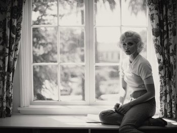 Movie still from “Blonde” (2022), directed by Andrew Dominik – A black and white photo of a woman sitting in front of a window; Medium shot, Low angle