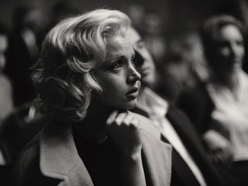 Movie still from “Blonde” (2022), directed by Andrew Dominik – Black and white photograph of a woman in a crowd; Close Up shot, Low angle