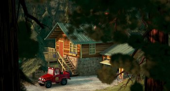Movie still from “Open Season” (2006), directed by Roger Allers – A red truck parked in front of a log cabin; Extreme Wide shot, High angle