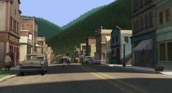 Movie still from “Open Season” (2006), directed by Roger Allers – An animated city scene with a car , bus , and people on the street; Extreme Wide shot, High angle