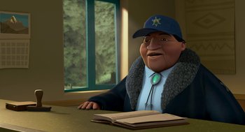 Movie still from “Open Season” (2006), directed by Roger Allers – An animated man wearing a hat and a jacket; Medium shot, Over the shoulder angle