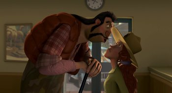 Movie still from “Open Season” (2006), directed by Roger Allers – A man and a woman face each other in front of a clock; Medium shot, Over the shoulder angle