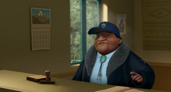 Movie still from “Open Season” (2006), directed by Roger Allers – An animated picture of a man in a hat and jacket; Medium shot, High angle