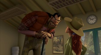 Movie still from “Open Season” (2006), directed by Roger Allers – An animated man and a woman talking to each other; Medium shot, Over the shoulder angle