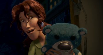 Movie still from “Open Season” (2006), directed by Roger Allers – A woman holding a teddy bear in her hands; Close Up shot, Over the shoulder angle