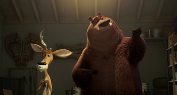 Movie still from “Open Season” (2006), directed by Roger Allers – A couple of animals standing next to each other in a room; Medium shot, Low angle