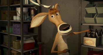 Movie still from “Open Season” (2006), directed by Roger Allers – A cartoon of a deer with horns on his head; Close Up shot, High angle