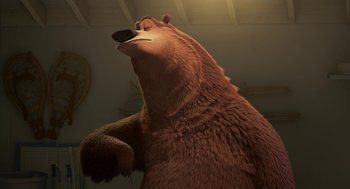 Movie still from “Open Season” (2006), directed by Roger Allers – A brown bear standing in the middle of a room; Medium shot, Low angle