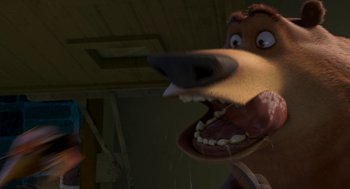 Movie still from “Open Season” (2006), directed by Roger Allers – A dog's face in a room; Close Up shot, Low angle
