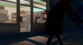 Movie still from “Open Season” (2006), directed by Roger Allers – A couple of deer standing in front of a building; Wide shot, Over the shoulder angle