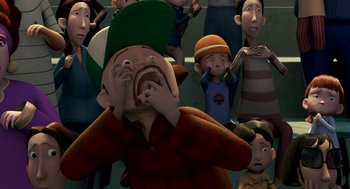 Movie still from “Open Season” (2006), directed by Roger Allers – An animated scene of a man crying in front of a group of people; Medium shot, High angle