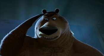 Movie still from “Open Season” (2006), directed by Roger Allers – A brown bear with one ear up and one ear down; Close Up shot, Low angle