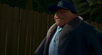 Movie still from “Open Season” (2006), directed by Roger Allers – An animated man wearing a baseball cap and jacket; Medium shot, Over the shoulder angle