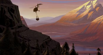 Movie still from “Open Season” (2006), directed by Roger Allers – An animated helicopter flying over a mountainous area; Extreme Wide shot, Low angle