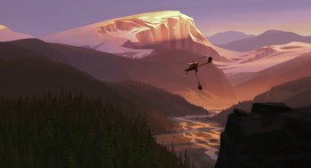 Movie still from “Open Season” (2006), directed by Roger Allers – An airplane is flying over a valley near a mountain range; Extreme Wide shot, High angle