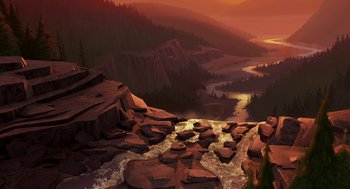Movie still from “Open Season” (2006), directed by Roger Allers – An artistic painting of a river flowing through a valley; Extreme Wide shot, High angle