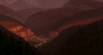Movie still from “Open Season” (2006), directed by Roger Allers – A painting of a valley with a river running through it; Extreme Wide shot, High angle