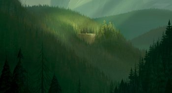 Movie still from “Open Season” (2006), directed by Roger Allers – A painting of a green forest with trees in the background; Extreme Wide shot, High angle