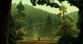 Movie still from “Open Season” (2006), directed by Roger Allers – A bear standing in the middle of a forest; Extreme Wide shot, Low angle