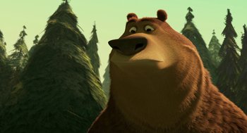 Movie still from “Open Season” (2006), directed by Roger Allers – A brown bear standing next to some tall trees; Close Up shot, Low angle