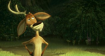 Movie still from “Open Season” (2006), directed by Roger Allers – An animated dog standing in the grass with its head tilted to the side; Close Up shot, Low angle