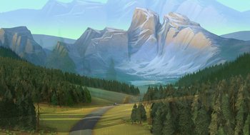 Movie still from “Open Season” (2006), directed by Roger Allers – An oil painting of a mountain landscape with a road; Extreme Wide shot, High angle