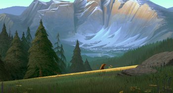 Movie still from “Open Season” (2006), directed by Roger Allers – A painting of an animal in the middle of a field with mountains in the background; Extreme Wide shot, Low angle