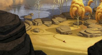 Movie still from “Open Season” (2006), directed by Roger Allers – An artistic painting of a lake and rocks in the background; Extreme Wide shot, High angle