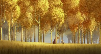 Movie still from “Open Season” (2006), directed by Roger Allers – An illustration of a forest with trees and a person standing in the grass; Extreme Wide shot, Low angle