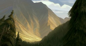 Movie still from “Open Season” (2006), directed by Roger Allers – A painting of a valley with a mountain in the background; Extreme Wide shot, Low angle