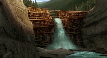 Movie still from “Open Season” (2006), directed by Roger Allers – A waterfall with a wooden structure in the middle of it; Extreme Wide shot, High angle