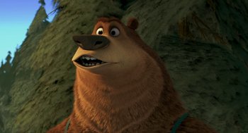 Movie still from “Open Season” (2006), directed by Roger Allers – A brown bear is looking up at the sky; Close Up shot, Low angle