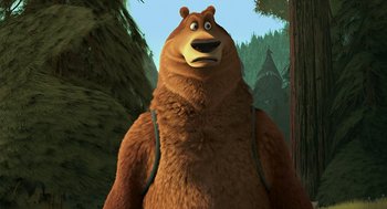 Movie still from “Open Season” (2006), directed by Roger Allers – A brown bear standing in the middle of a forest; Close Up shot, Low angle