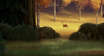 Movie still from “Open Season” (2006), directed by Roger Allers – An illustration of a deer in the woods; Extreme Wide shot, High angle