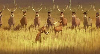Movie still from “Open Season” (2006), directed by Roger Allers – A herd of deer standing on top of a grass covered field; Extreme Wide shot, High angle