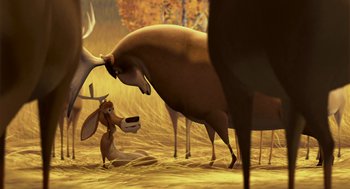 Movie still from “Open Season” (2006), directed by Roger Allers – An animated scene of two deer and a rabbit; Wide shot, High angle